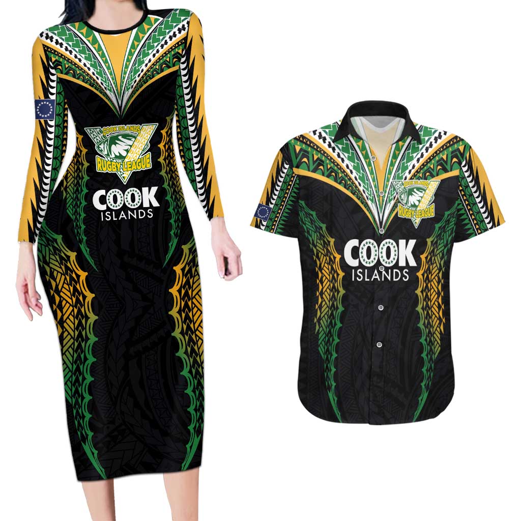 Custom Cook Islands Rugby League Couples Matching Long Sleeve Bodycon Dress and Hawaiian Shirt Tatau Tribal Pattern-Special Edition Black Color