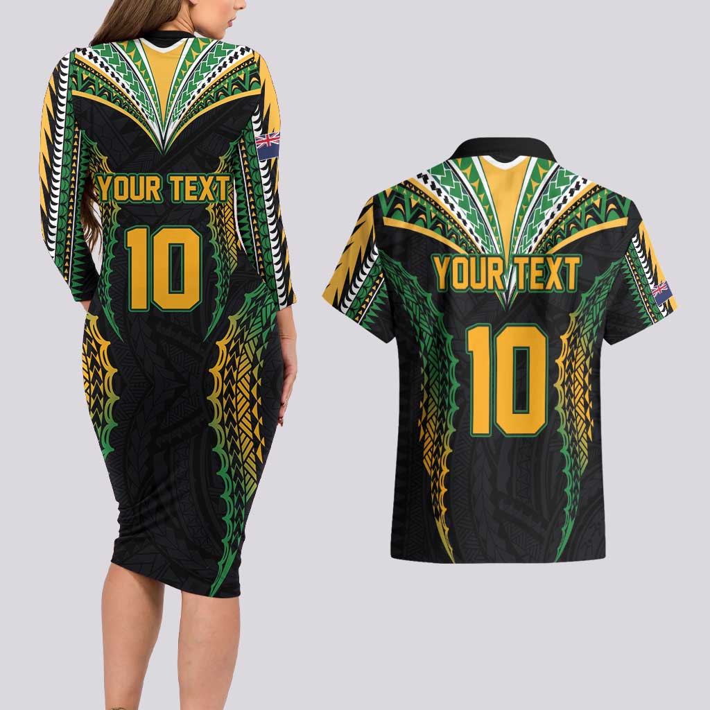 Custom Cook Islands Rugby League Couples Matching Long Sleeve Bodycon Dress and Hawaiian Shirt Tatau Tribal Pattern-Special Edition Black Color