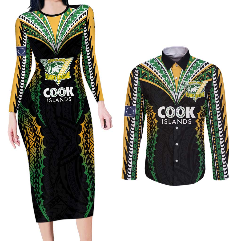 Custom Cook Islands Rugby League Couples Matching Long Sleeve Bodycon Dress and Long Sleeve Button Shirt Tatau Tribal Pattern-Special Edition Black Color