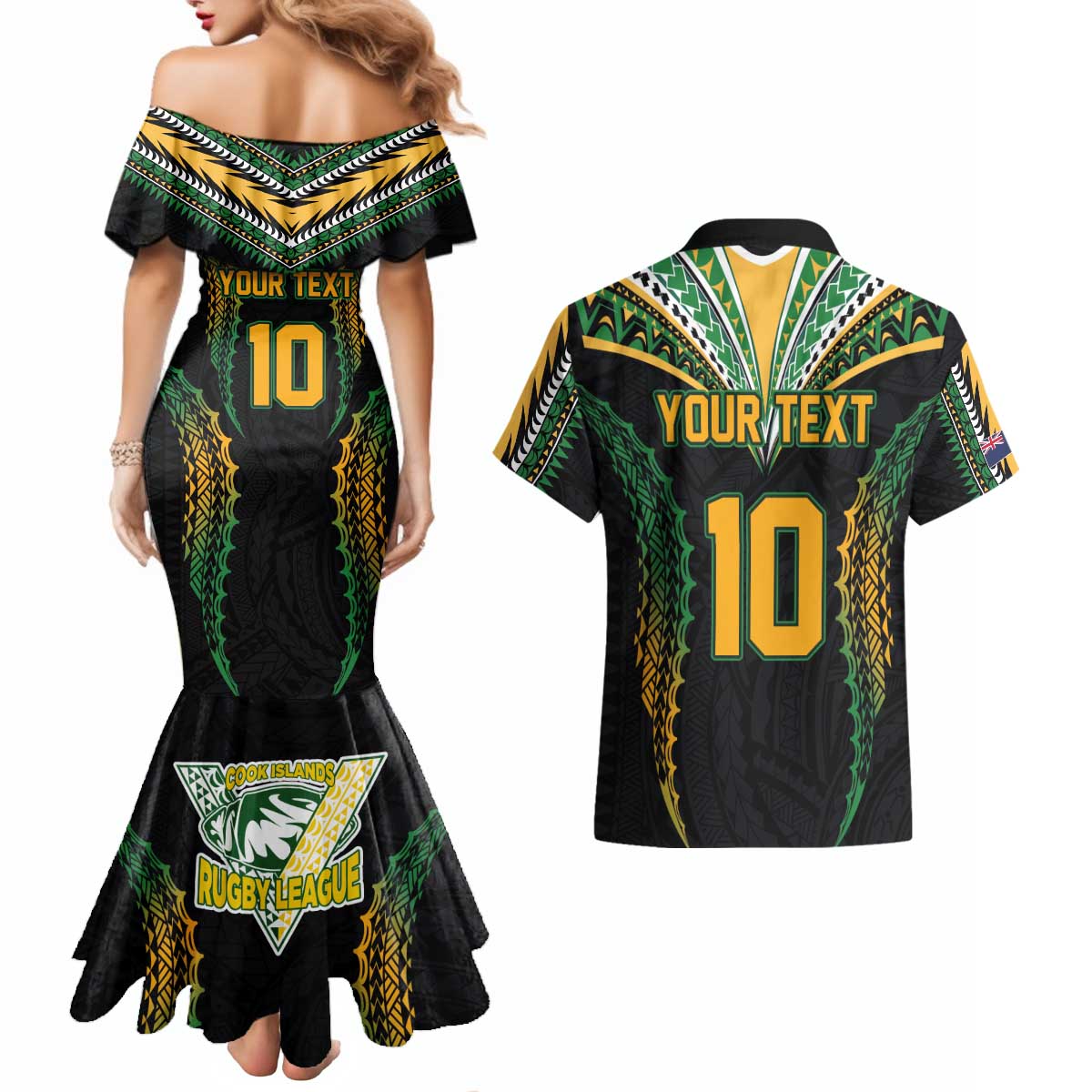 Custom Cook Islands Rugby League Couples Matching Mermaid Dress and Hawaiian Shirt Tatau Tribal Pattern-Special Edition Black Color