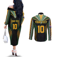 Custom Cook Islands Rugby League Couples Matching Off The Shoulder Long Sleeve Dress and Long Sleeve Button Shirt Tatau Tribal Pattern-Special Edition Black Color