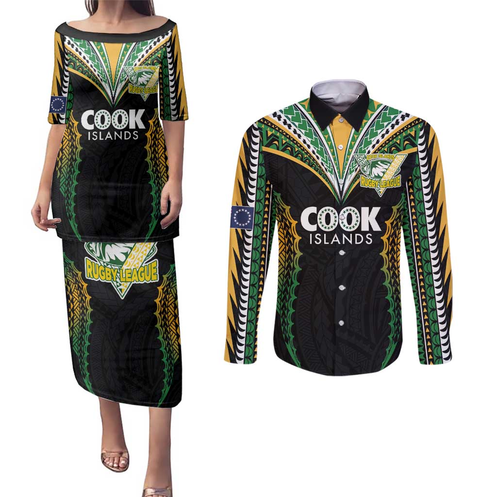 Custom Cook Islands Rugby League Couples Matching Puletasi and Long Sleeve Button Shirt Tatau Tribal Pattern-Special Edition Black Color