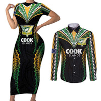 Custom Cook Islands Rugby League Couples Matching Short Sleeve Bodycon Dress and Long Sleeve Button Shirt Tatau Tribal Pattern-Special Edition Black Color