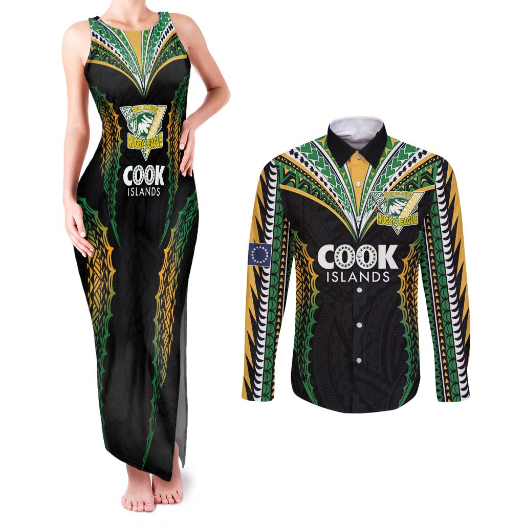 Custom Cook Islands Rugby League Couples Matching Tank Maxi Dress and Long Sleeve Button Shirt Tatau Tribal Pattern-Special Edition Black Color