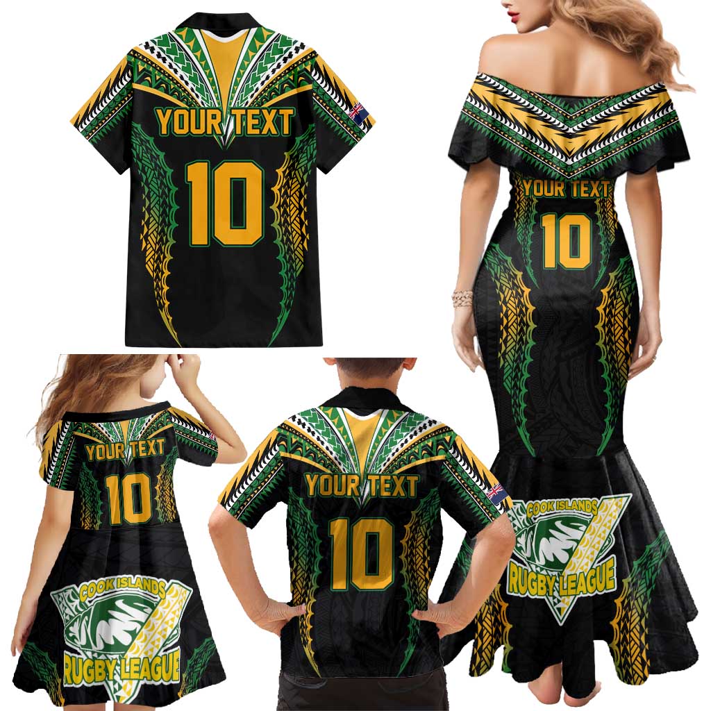 Custom Cook Islands Rugby League Family Matching Mermaid Dress and Hawaiian Shirt Tatau Tribal Pattern-Special Edition Black Color