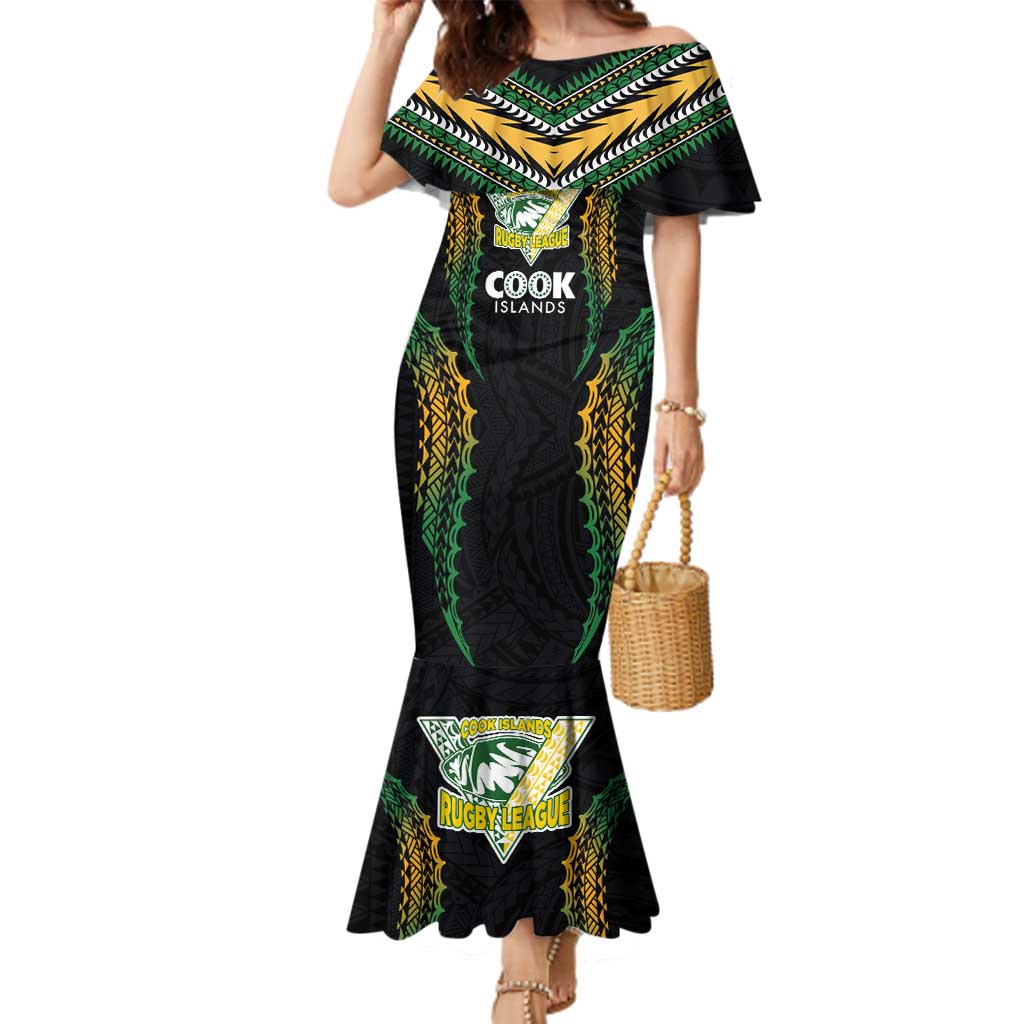 Custom Cook Islands Rugby League Family Matching Mermaid Dress and Hawaiian Shirt Tatau Tribal Pattern-Special Edition Black Color