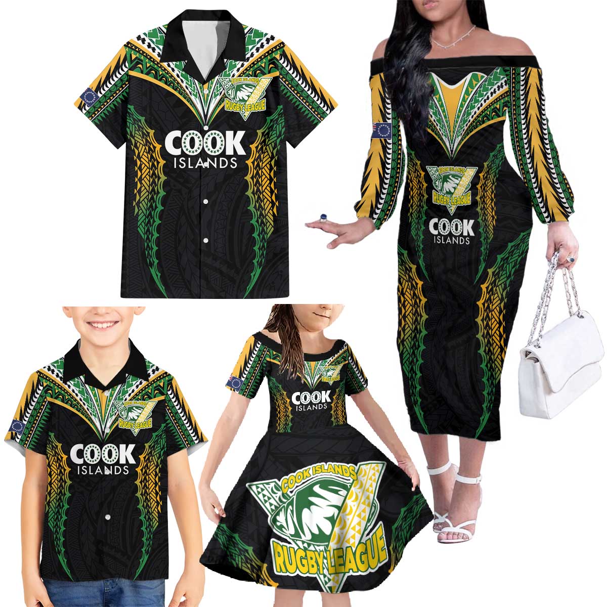 Custom Cook Islands Rugby League Family Matching Off The Shoulder Long Sleeve Dress and Hawaiian Shirt Tatau Tribal Pattern-Special Edition Black Color