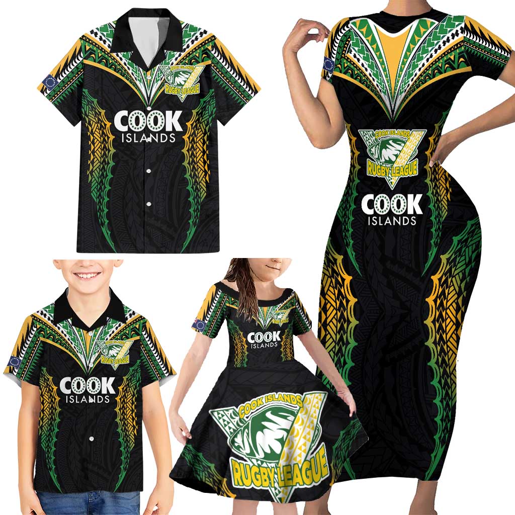 Custom Cook Islands Rugby League Family Matching Short Sleeve Bodycon Dress and Hawaiian Shirt Tatau Tribal Pattern-Special Edition Black Color