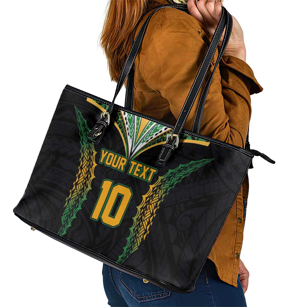 Custom Cook Islands Rugby League Leather Tote Bag Tatau Tribal Pattern-Special Edition Black Color