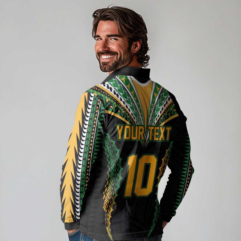 Custom Cook Islands Rugby League Long Sleeve Polo Shirt Tatau Tribal Pattern-Special Edition Black Color