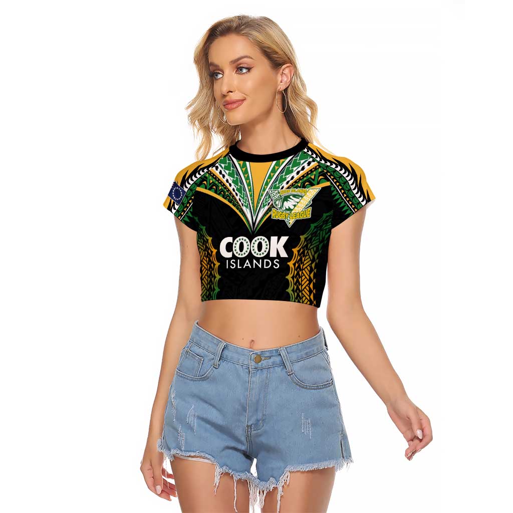 Custom Cook Islands Rugby League Raglan Cropped T Shirt Tatau Tribal Pattern-Special Edition Black Color