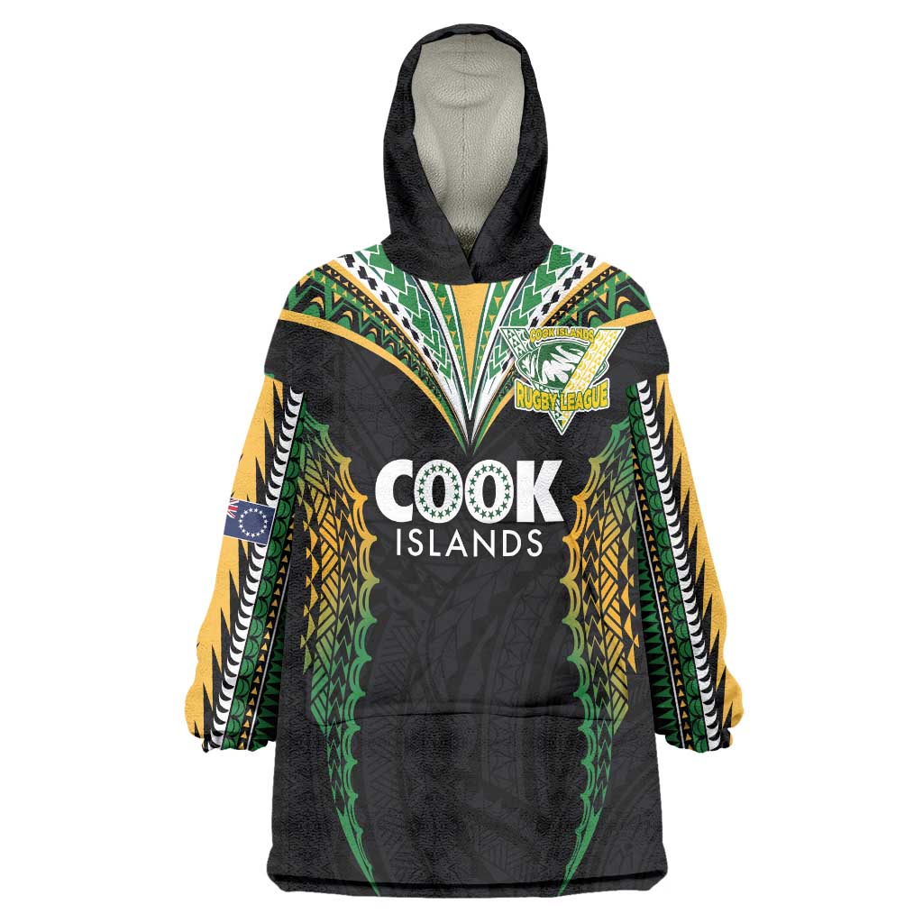 Custom Cook Islands Rugby League Wearable Blanket Hoodie Tatau Tribal Pattern-Special Edition Black Color