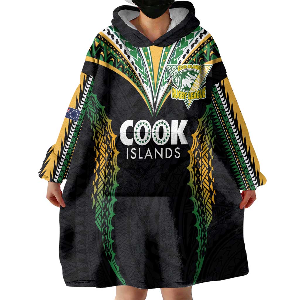 Custom Cook Islands Rugby League Wearable Blanket Hoodie Tatau Tribal Pattern-Special Edition Black Color LT03 - Polynesian Pride