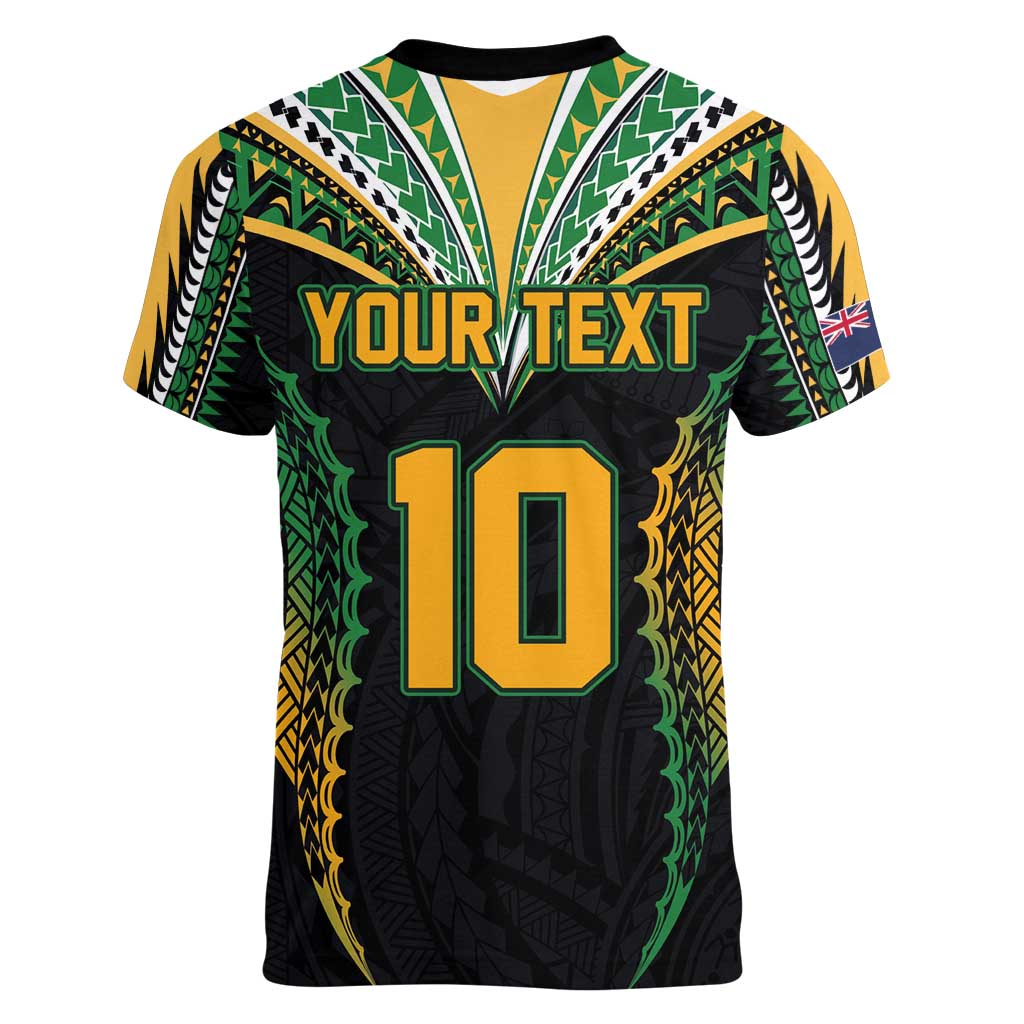 Custom Cook Islands Rugby League Women V-Neck T-Shirt Tatau Tribal Pattern-Special Edition Black Color LT03 - Polynesian Pride