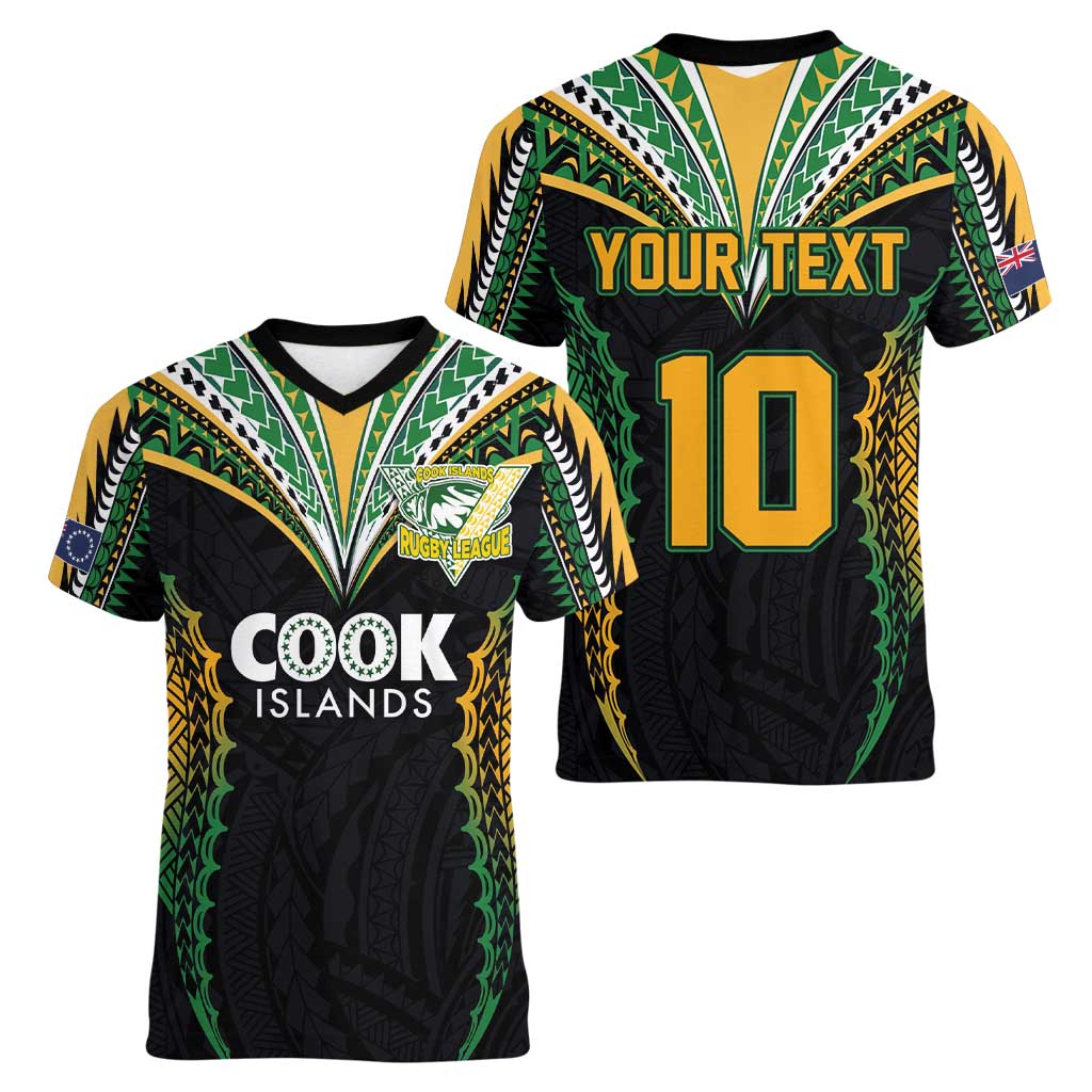 Custom Cook Islands Rugby League Women V-Neck T-Shirt Tatau Tribal Pattern-Special Edition Black Color LT03 - Polynesian Pride
