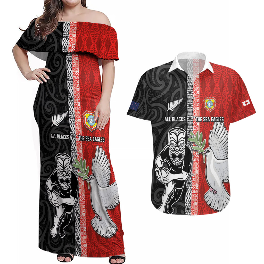 Custom Tonga and New Zealand Rugby Couples Matching Off Shoulder Maxi Dress and Hawaiian Shirt Maori Mix Ngatu Pattern