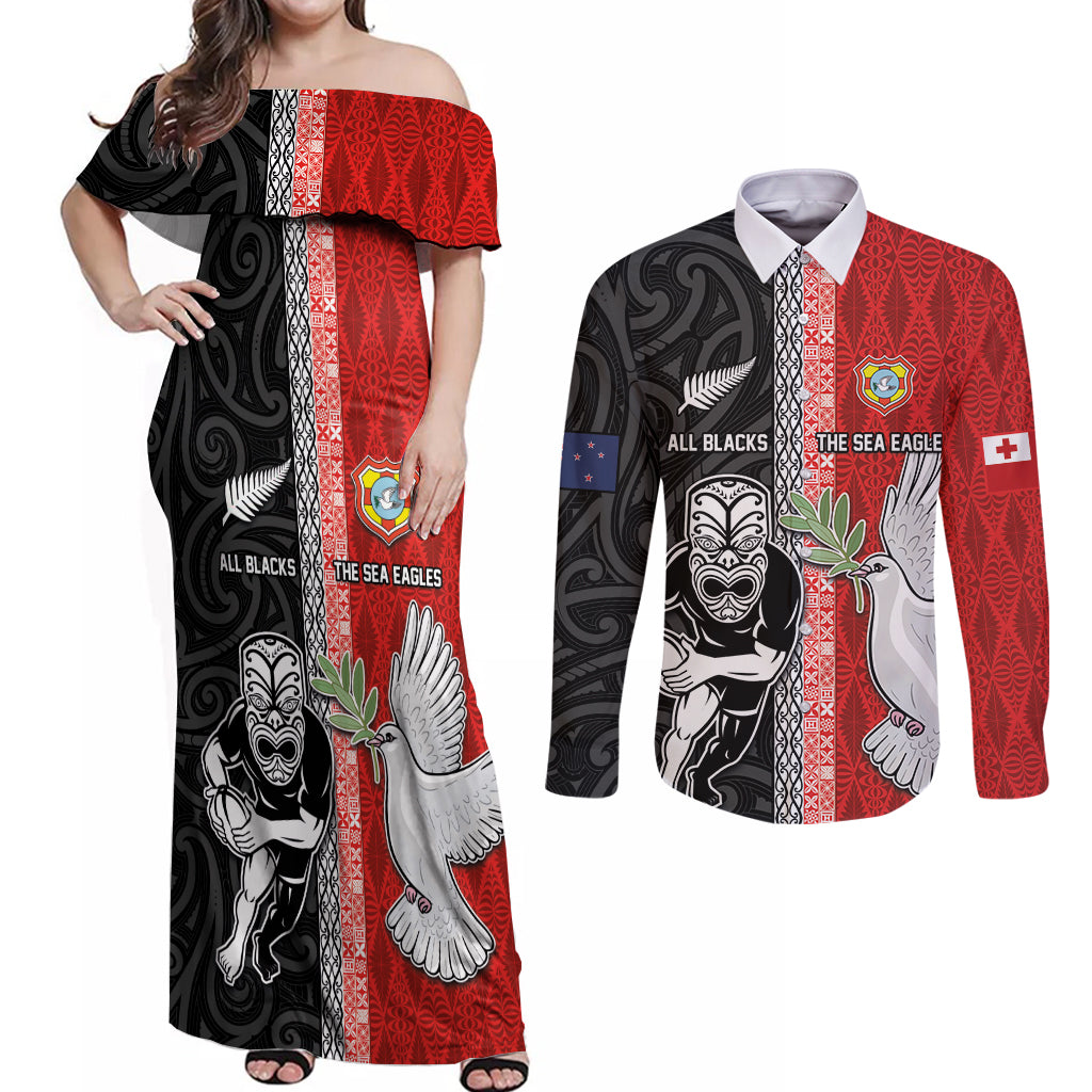 Custom Tonga and New Zealand Rugby Couples Matching Off Shoulder Maxi Dress and Long Sleeve Button Shirt Maori Mix Ngatu Pattern