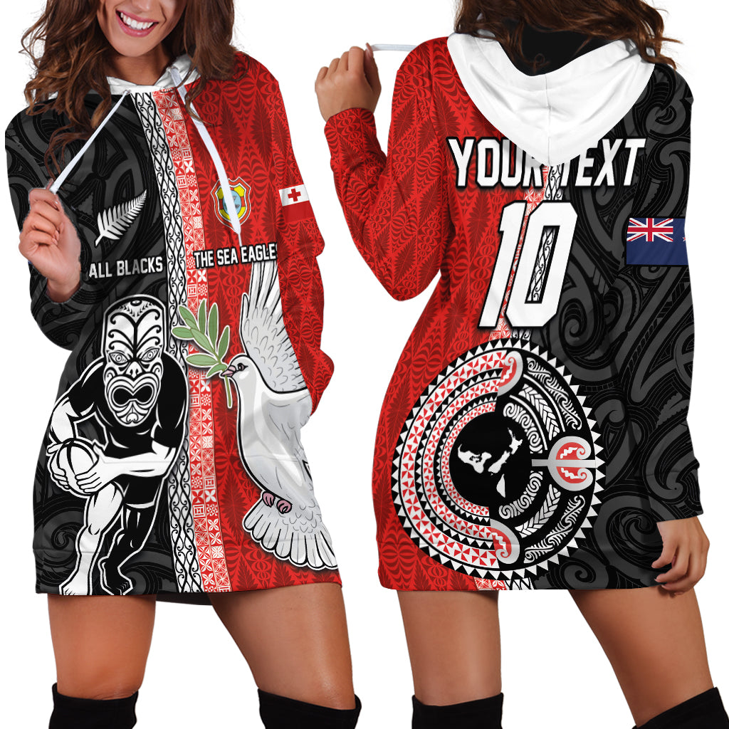 Custom Tonga and New Zealand Rugby Hoodie Dress Maori Mix Ngatu Pattern LT03 - Polynesian Pride