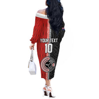 Custom Tonga and New Zealand Rugby Off The Shoulder Long Sleeve Dress Maori Mix Ngatu Pattern LT03 - Polynesian Pride