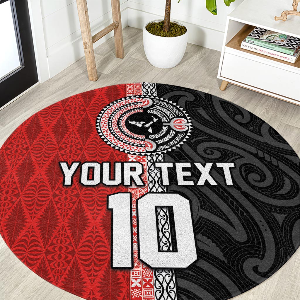 Custom Tonga and New Zealand Rugby Round Carpet Maori Mix Ngatu Pattern