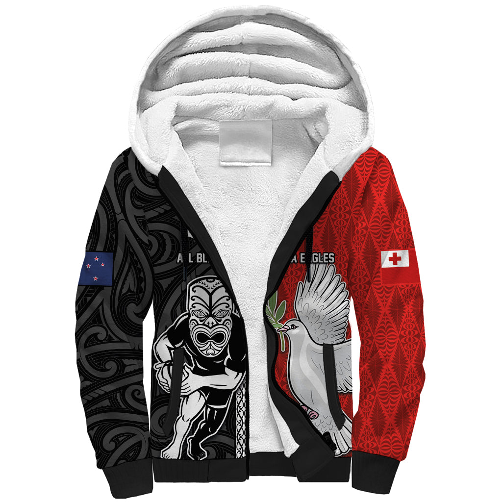 Custom Tonga and New Zealand Rugby Sherpa Hoodie Maori Mix Ngatu Pattern