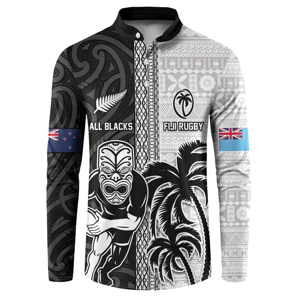 Custom Fiji and New Zealand Rugby Button Sweatshirt Tapa Mix Maori Pattern