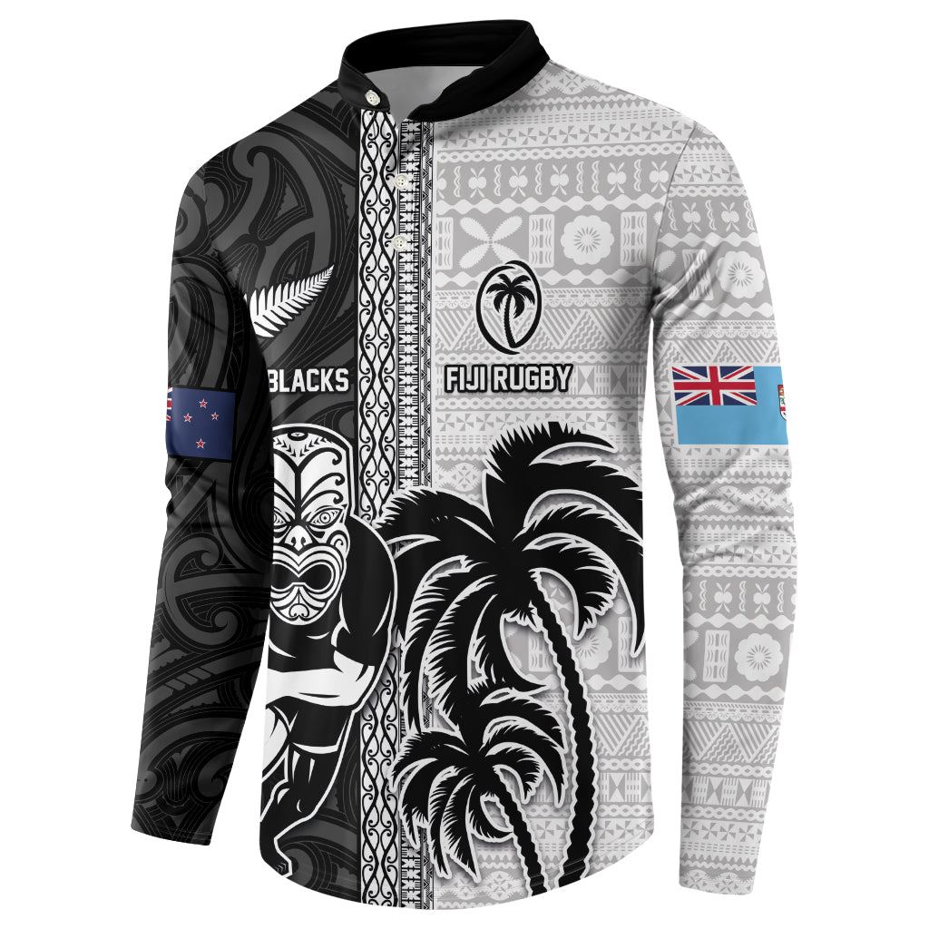 Custom Fiji and New Zealand Rugby Button Sweatshirt Tapa Mix Maori Pattern