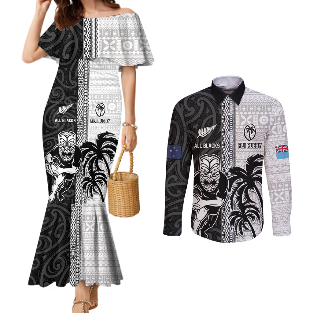 Custom Fiji and New Zealand Rugby Couples Matching Mermaid Dress and Long Sleeve Button Shirt Tapa Mix Maori Pattern