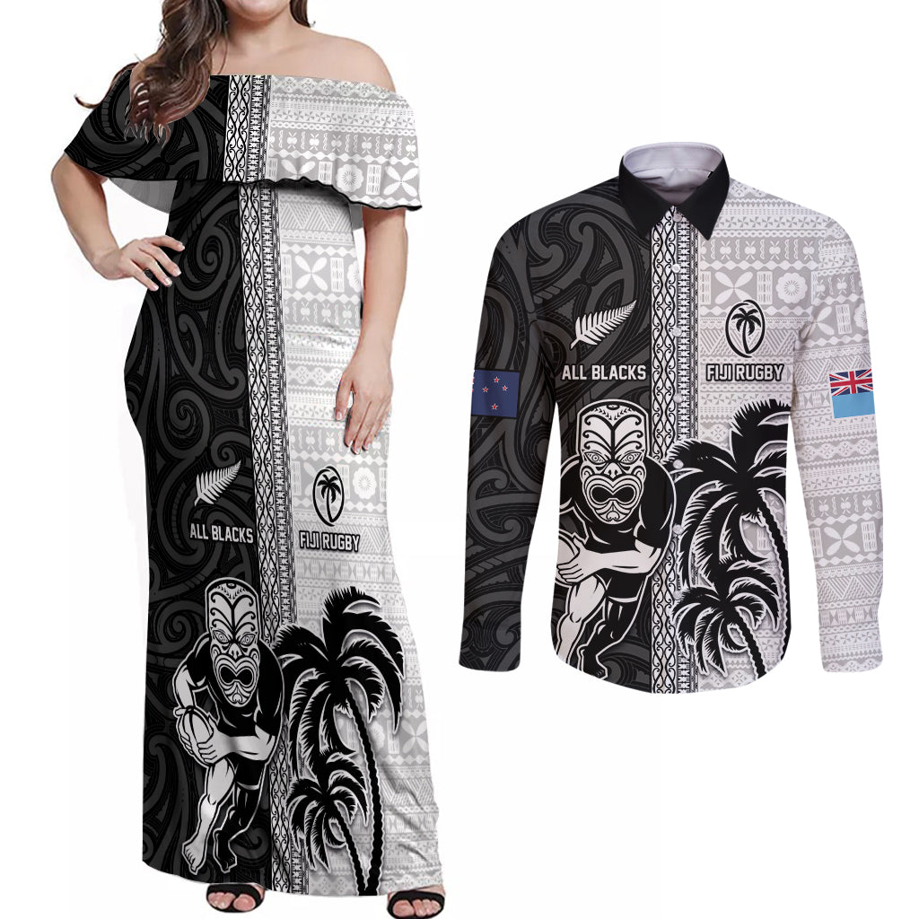 Custom Fiji and New Zealand Rugby Couples Matching Off Shoulder Maxi Dress and Long Sleeve Button Shirt Tapa Mix Maori Pattern