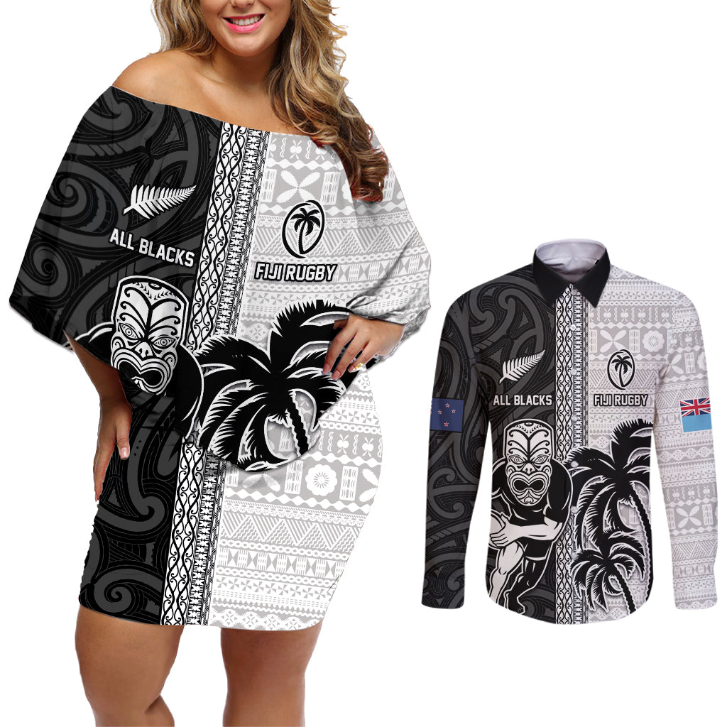 Custom Fiji and New Zealand Rugby Couples Matching Off Shoulder Short Dress and Long Sleeve Button Shirt Tapa Mix Maori Pattern