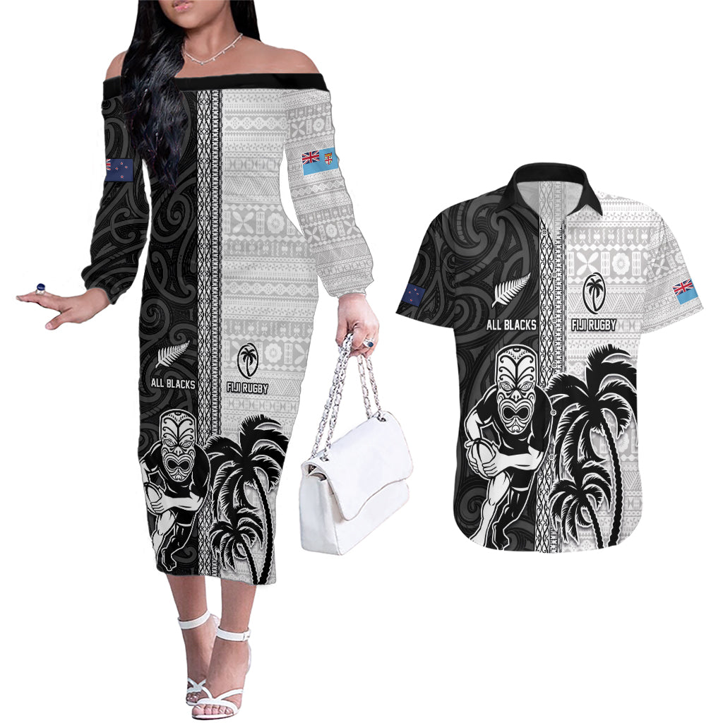 Custom Fiji and New Zealand Rugby Couples Matching Off The Shoulder Long Sleeve Dress and Hawaiian Shirt Tapa Mix Maori Pattern