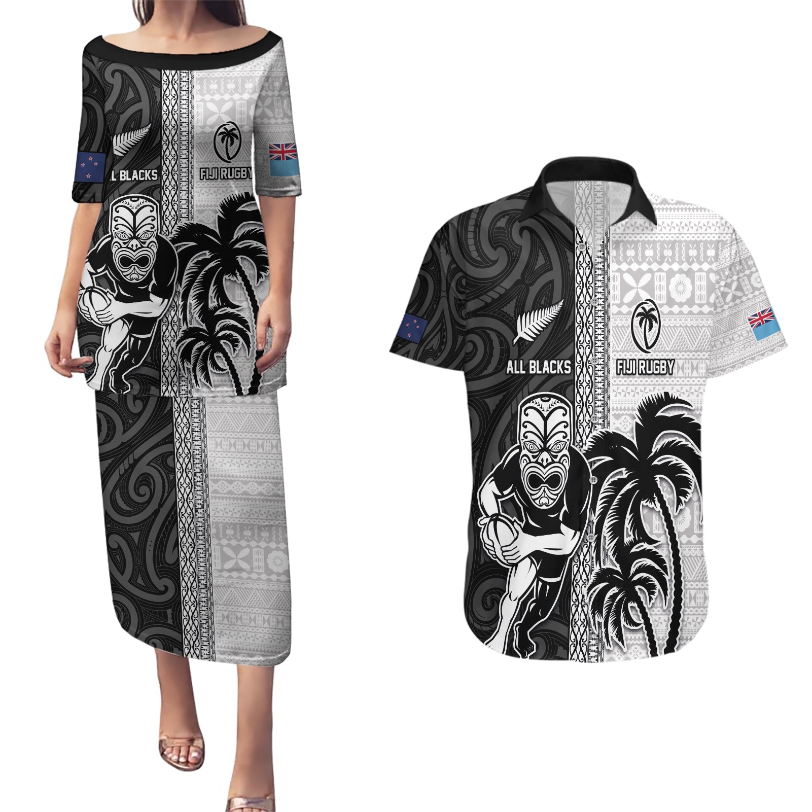 Custom Fiji and New Zealand Rugby Couples Matching Puletasi and Hawaiian Shirt Tapa Mix Maori Pattern