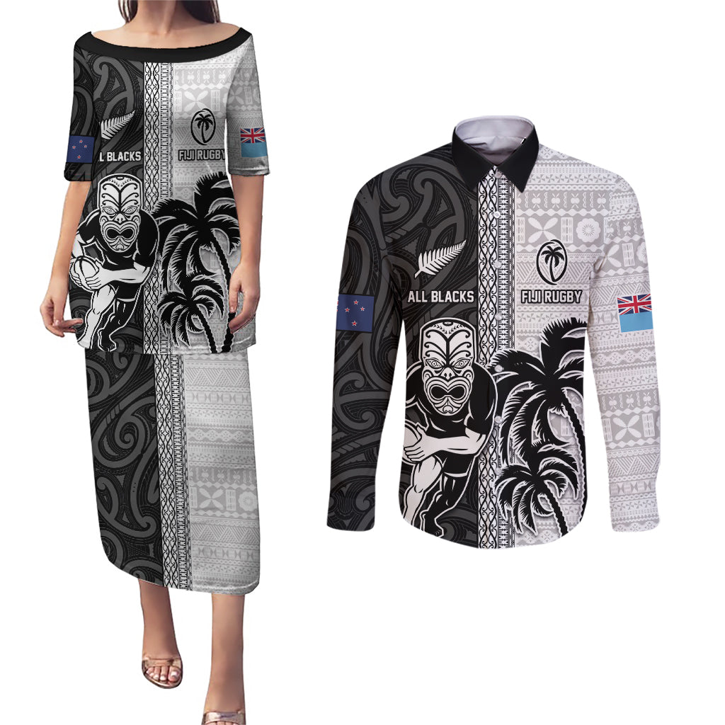 Custom Fiji and New Zealand Rugby Couples Matching Puletasi and Long Sleeve Button Shirt Tapa Mix Maori Pattern