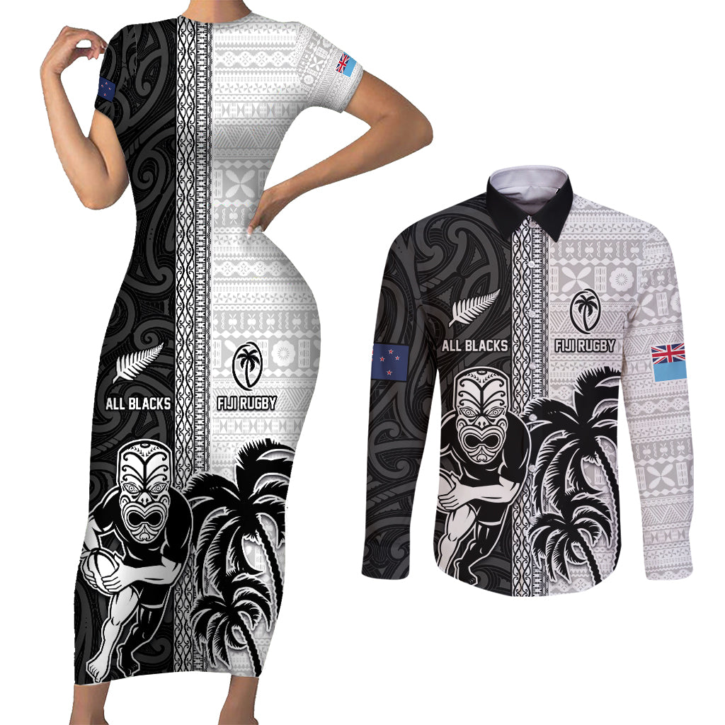 Custom Fiji and New Zealand Rugby Couples Matching Short Sleeve Bodycon Dress and Long Sleeve Button Shirt Tapa Mix Maori Pattern