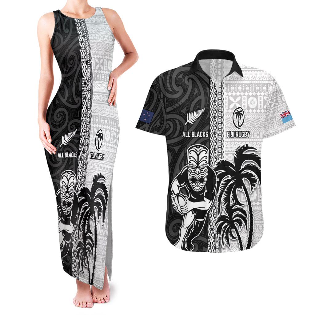 Custom Fiji and New Zealand Rugby Couples Matching Tank Maxi Dress and Hawaiian Shirt Tapa Mix Maori Pattern