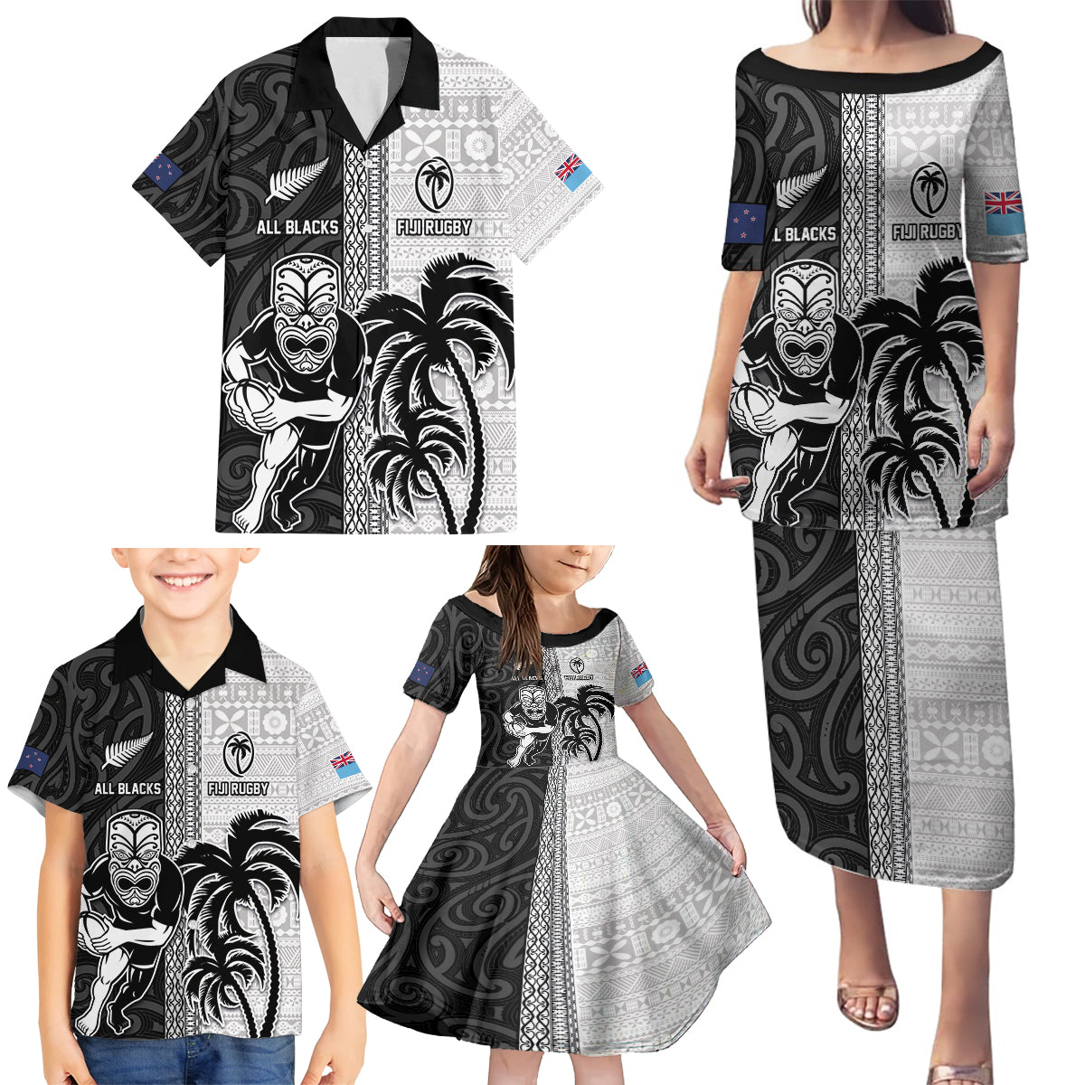 Custom Fiji and New Zealand Rugby Family Matching Puletasi and Hawaiian Shirt Tapa Mix Maori Pattern