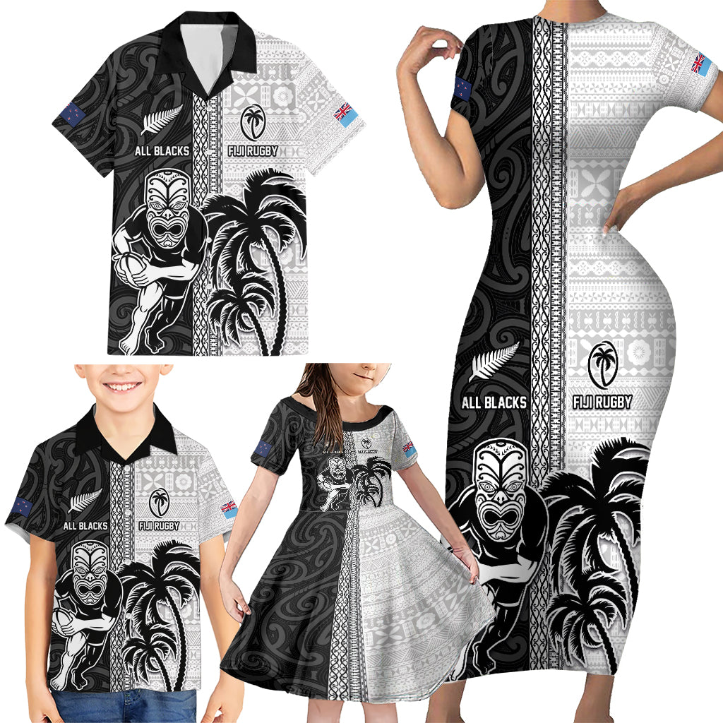 Custom Fiji and New Zealand Rugby Family Matching Short Sleeve Bodycon Dress and Hawaiian Shirt Tapa Mix Maori Pattern