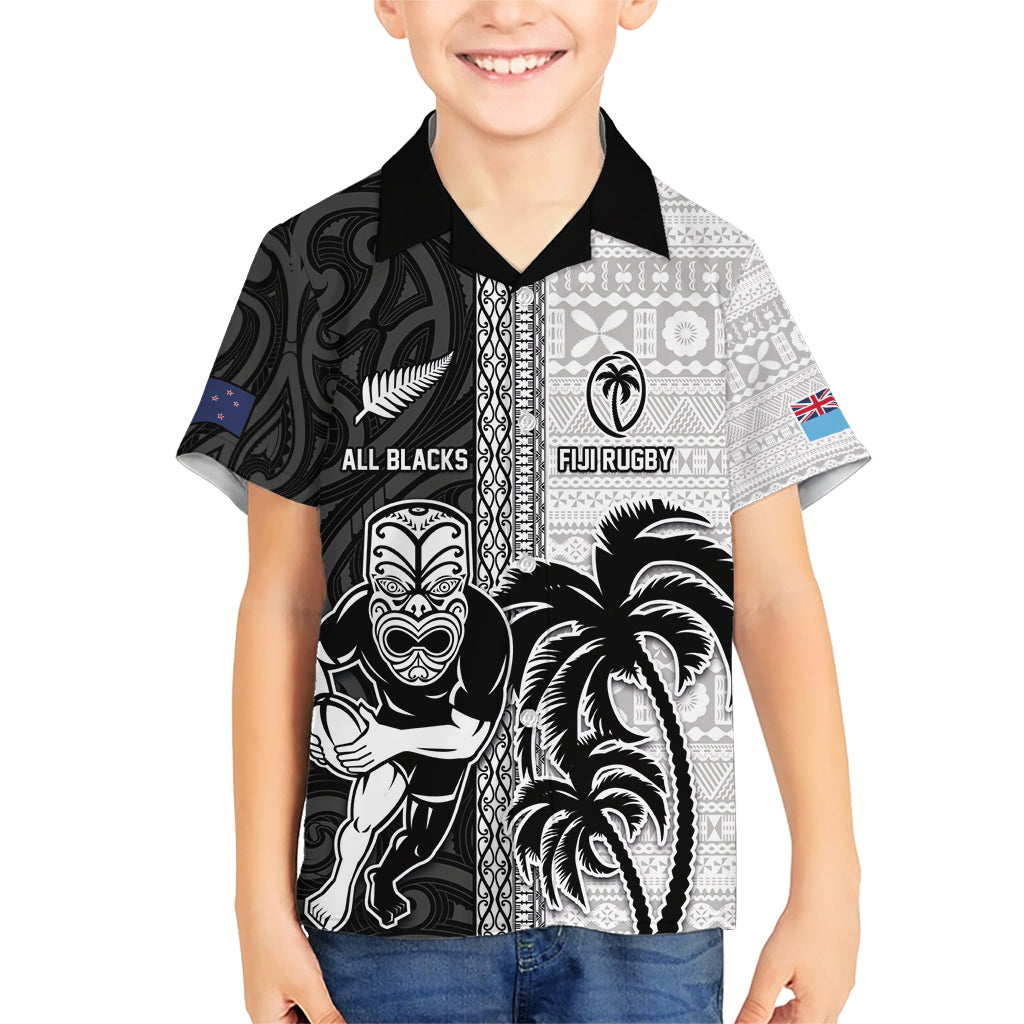 Custom Fiji and New Zealand Rugby Kid Hawaiian Shirt Tapa Mix Maori Pattern