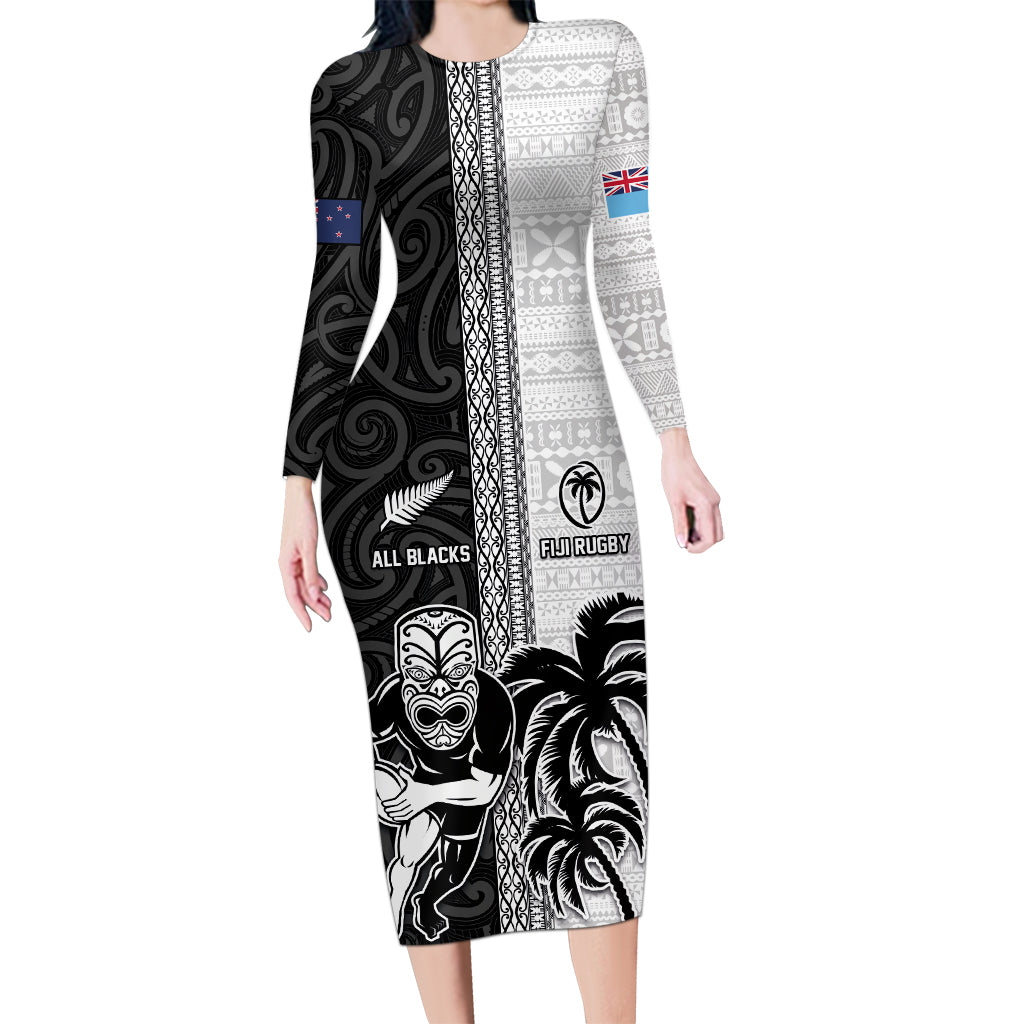 Custom Fiji and New Zealand Rugby Long Sleeve Bodycon Dress Tapa Mix Maori Pattern