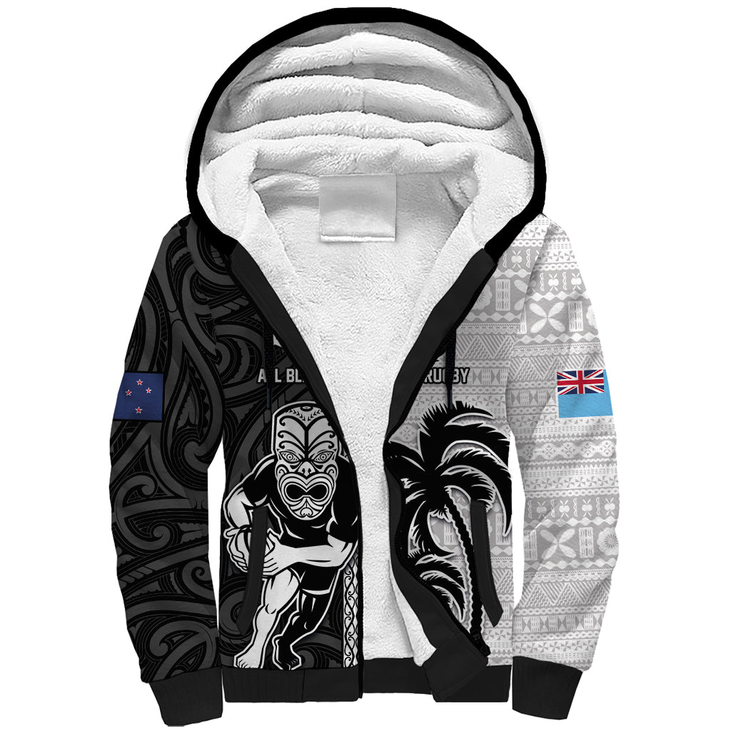 Custom Fiji and New Zealand Rugby Sherpa Hoodie Tapa Mix Maori Pattern