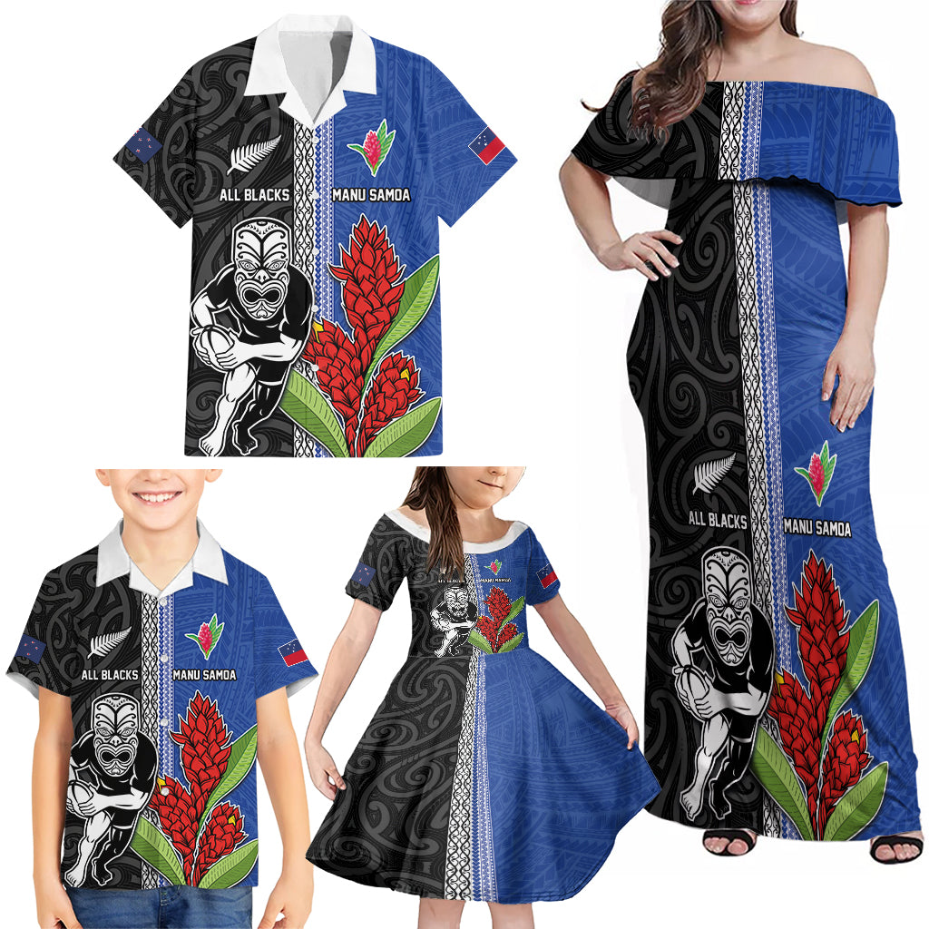 Custom Samoa and New Zealand Rugby Family Matching Off Shoulder Maxi Dress and Hawaiian Shirt Teuila Samoan and Maori Warrior