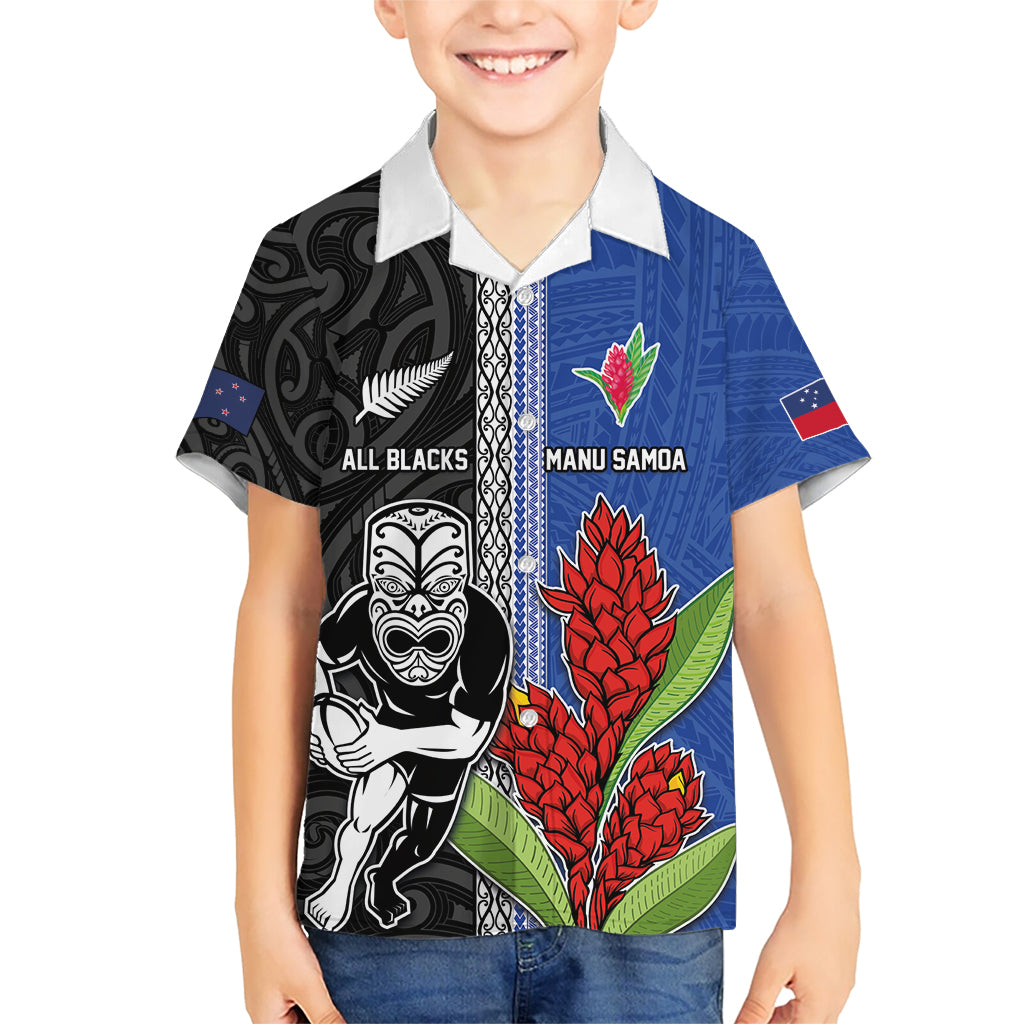 Custom Samoa and New Zealand Rugby Kid Hawaiian Shirt Teuila Samoan and Maori Warrior LT03 Kid Black - Polynesian Pride
