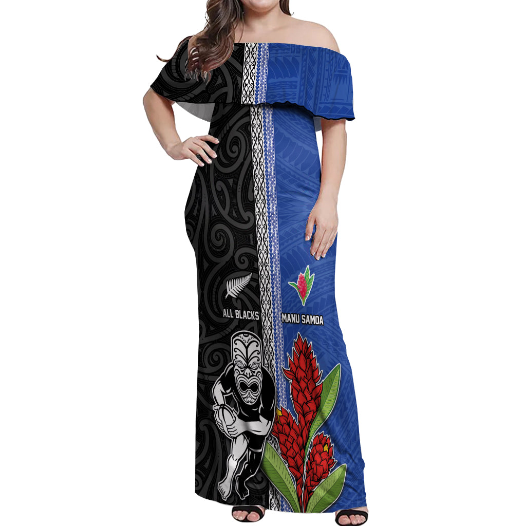 Custom Samoa and New Zealand Rugby Off Shoulder Maxi Dress Teuila Samoan and Maori Warrior