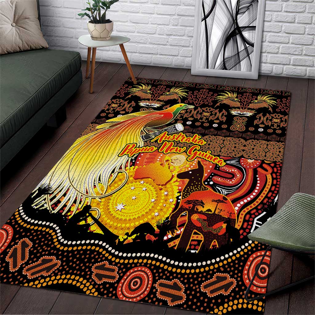 Australia and Papua New Guinea Together Area Rug Kangaroo Aboriginal Art and Bird-of-paradise Oro Tribal Motifs LT03 Black - Polynesian Pride