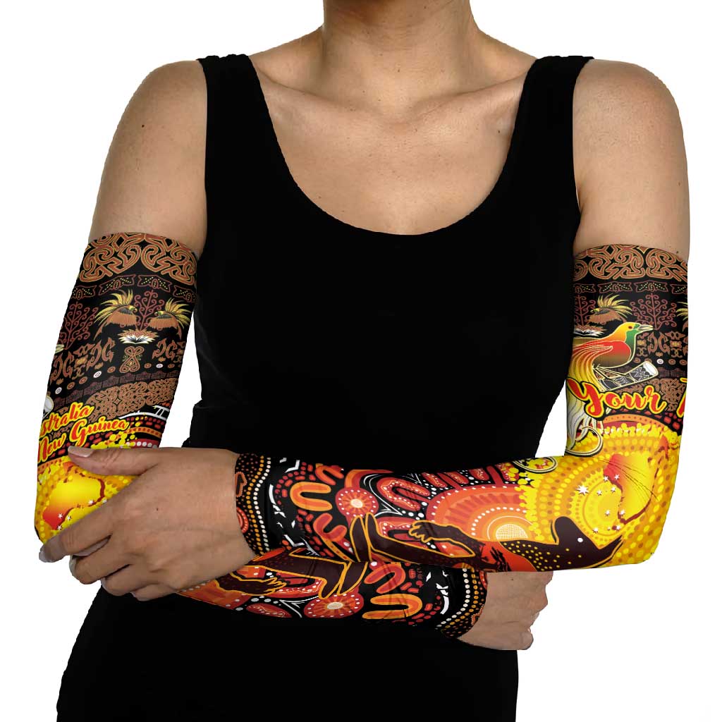 Personalized Australia and Papua New Guinea Together Arm Sleeves Kangaroo Aboriginal Art and Bird-of-paradise Oro Tribal Motifs - Polynesian Pride