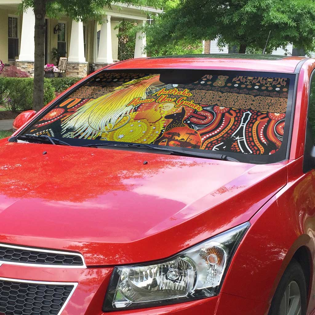Australia and Papua New Guinea Together Auto Sun Shade Kangaroo Aboriginal Art and Bird-of-paradise Oro Tribal Motifs - Polynesian Pride