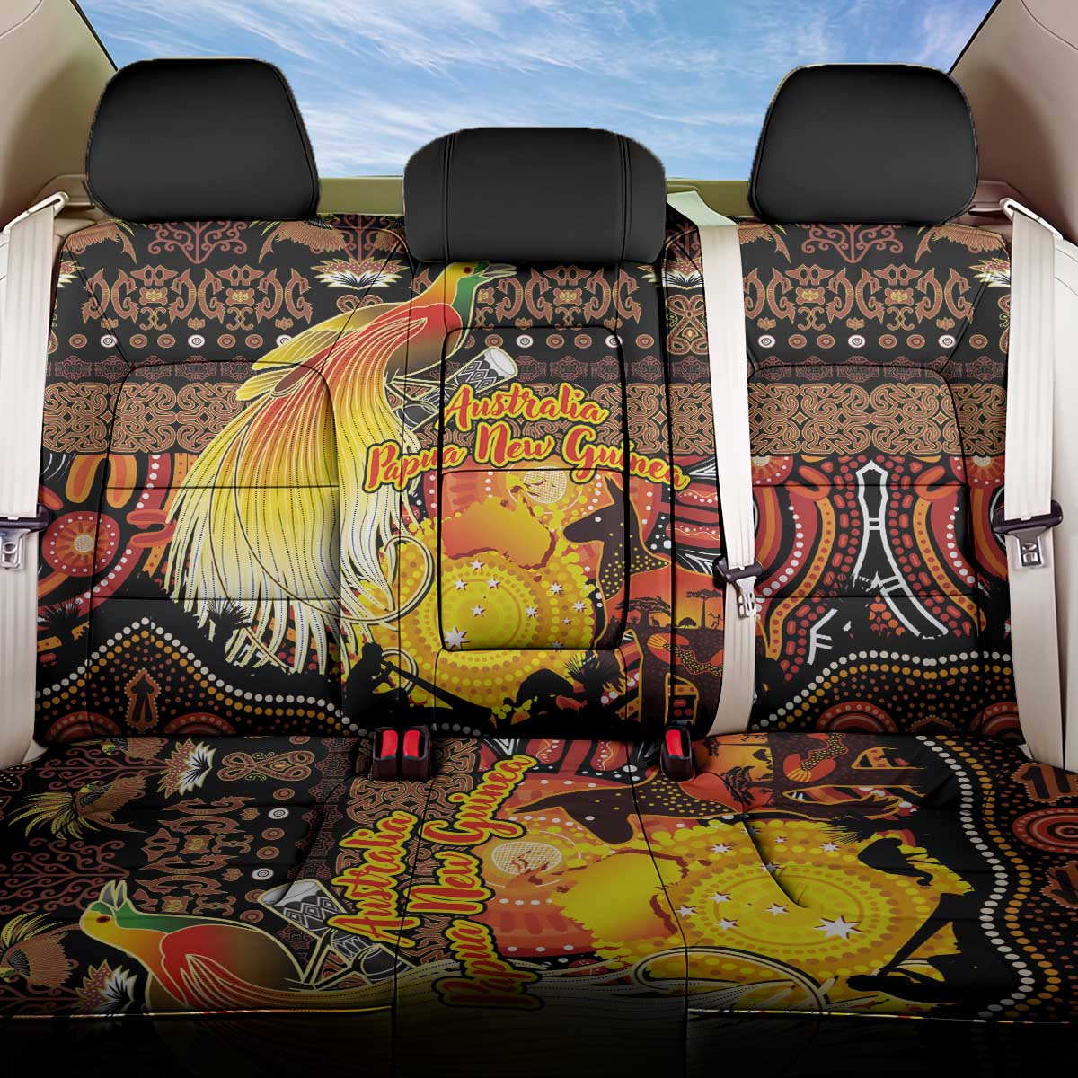 Australia and Papua New Guinea Together Back Car Seat Cover Kangaroo Aboriginal Art and Bird-of-paradise Oro Tribal Motifs LT03 One Size Black - Polynesian Pride