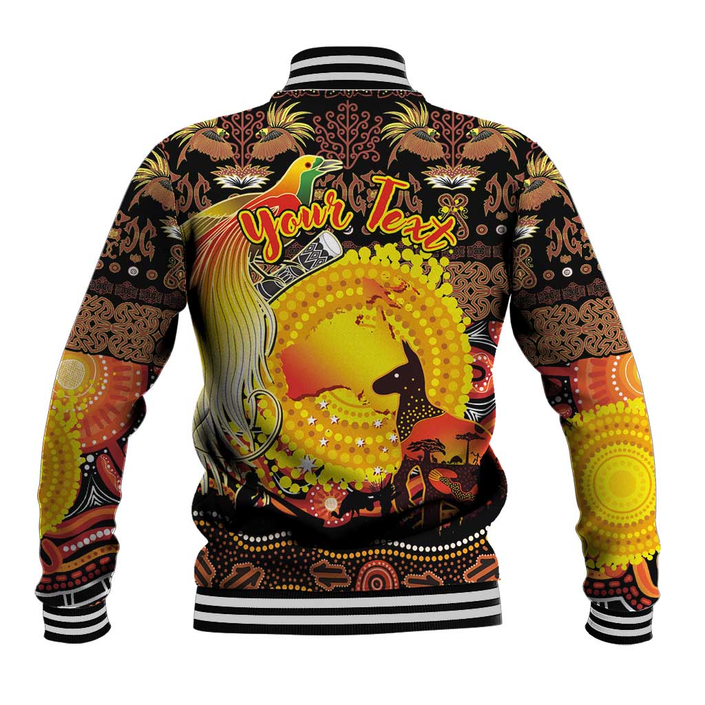 Personalized Australia and Papua New Guinea Together Baseball Jacket Kangaroo Aboriginal Art and Bird-of-paradise Oro Tribal Motifs - Polynesian Pride