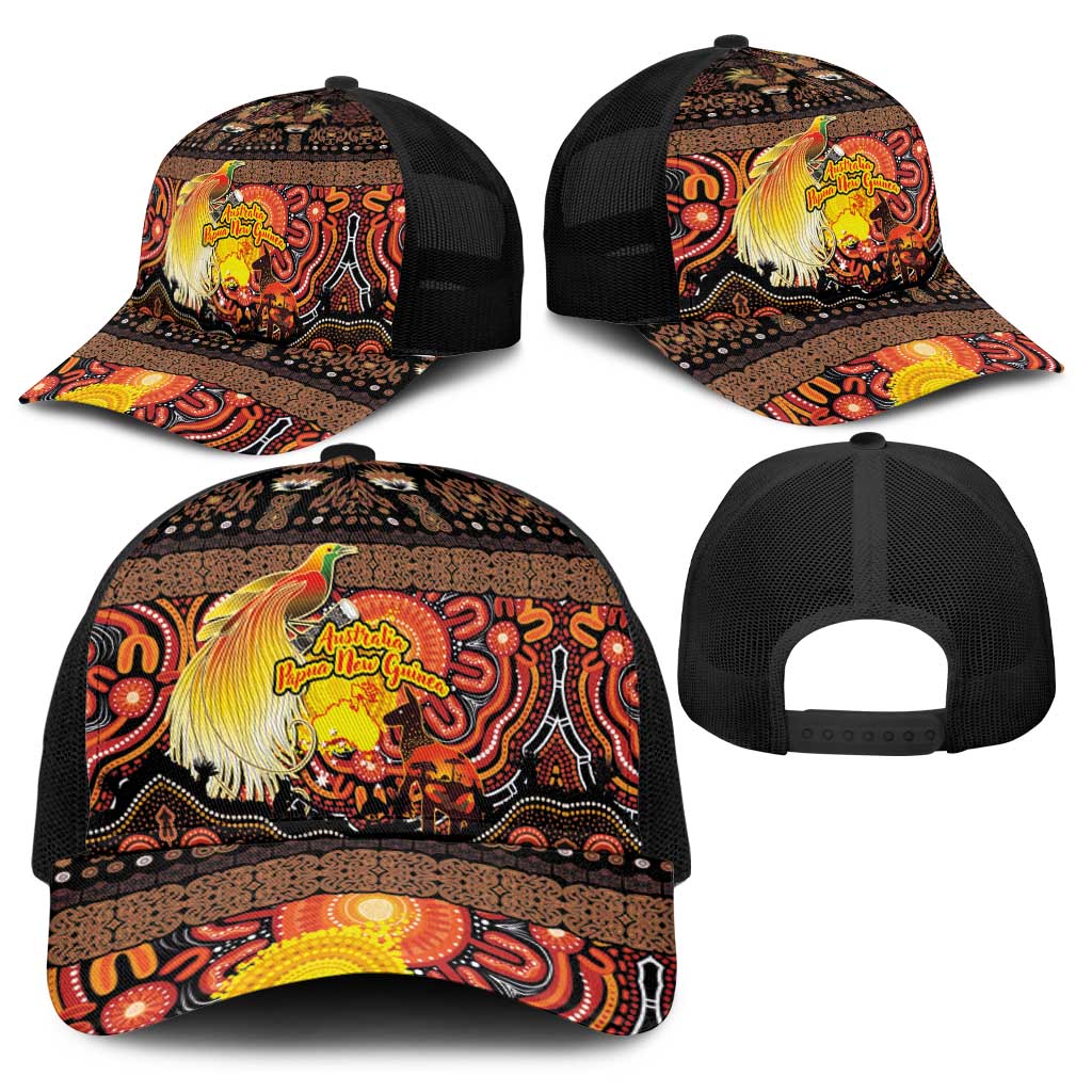 Australia and Papua New Guinea Together Baseball Net Cap Kangaroo Aboriginal Art and Bird-of-paradise with Oro Tribal Motifs - Polynesian Pride
