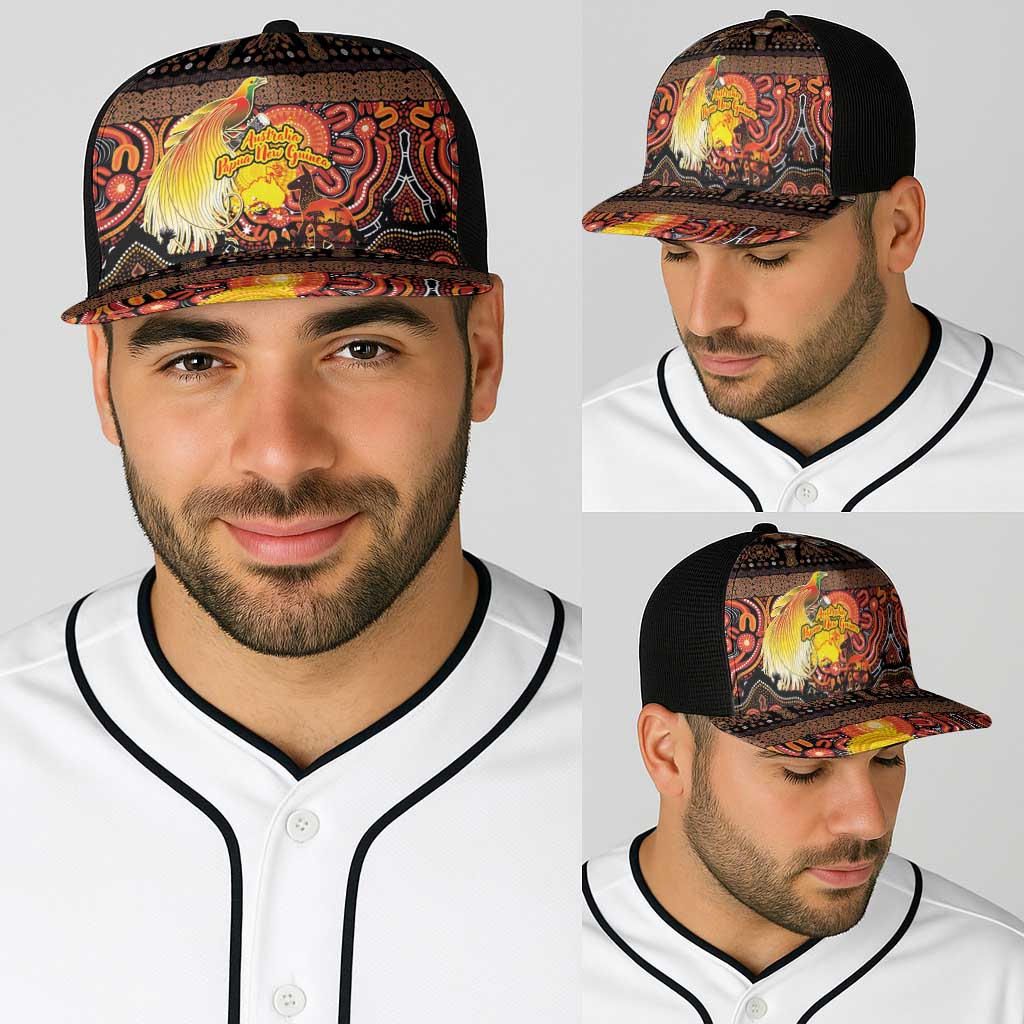 Australia and Papua New Guinea Together Baseball Net Cap Kangaroo Aboriginal Art and Bird-of-paradise with Oro Tribal Motifs - Polynesian Pride
